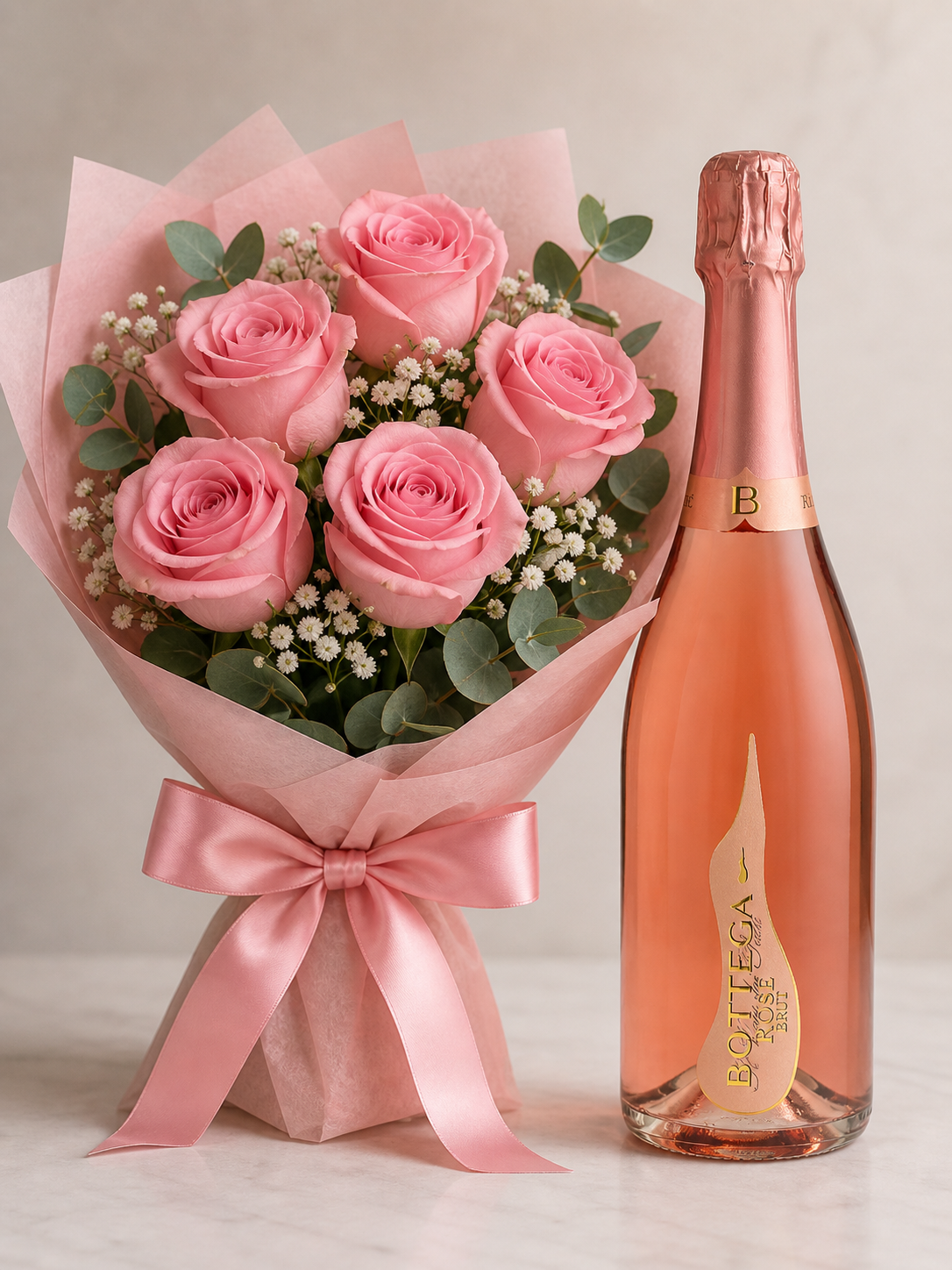6 Pink Roses Bouquet with Rosé Bottle Gift Set