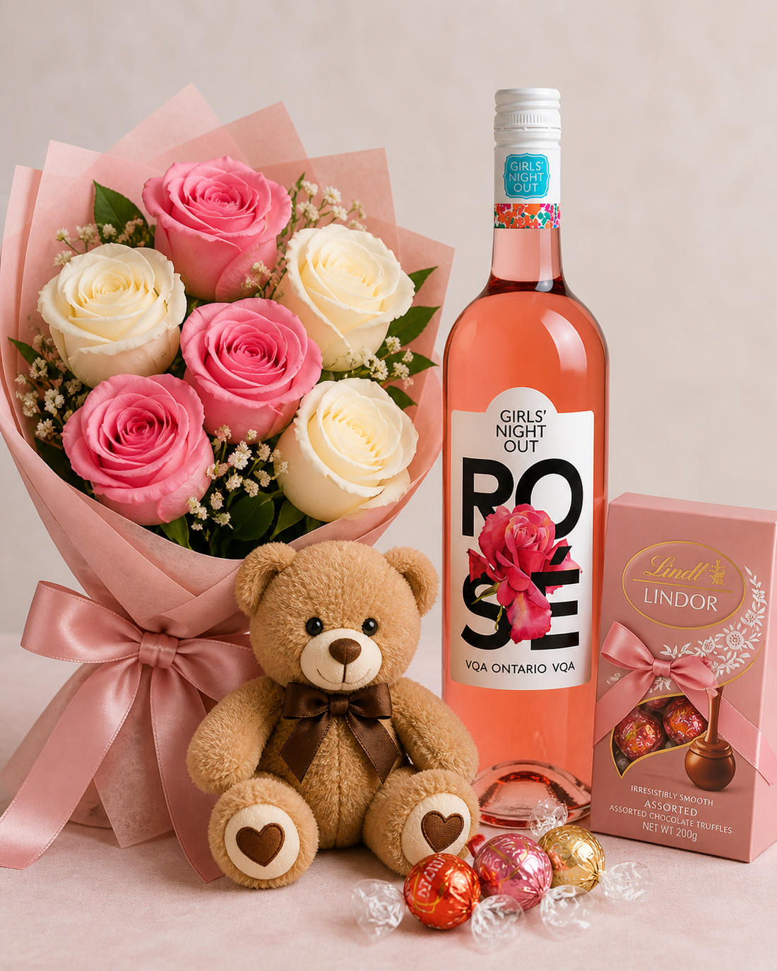 Pink & White Rose Bouquet with Rosé Wine, Teddy Bear & Lindt Chocolates Gift Set