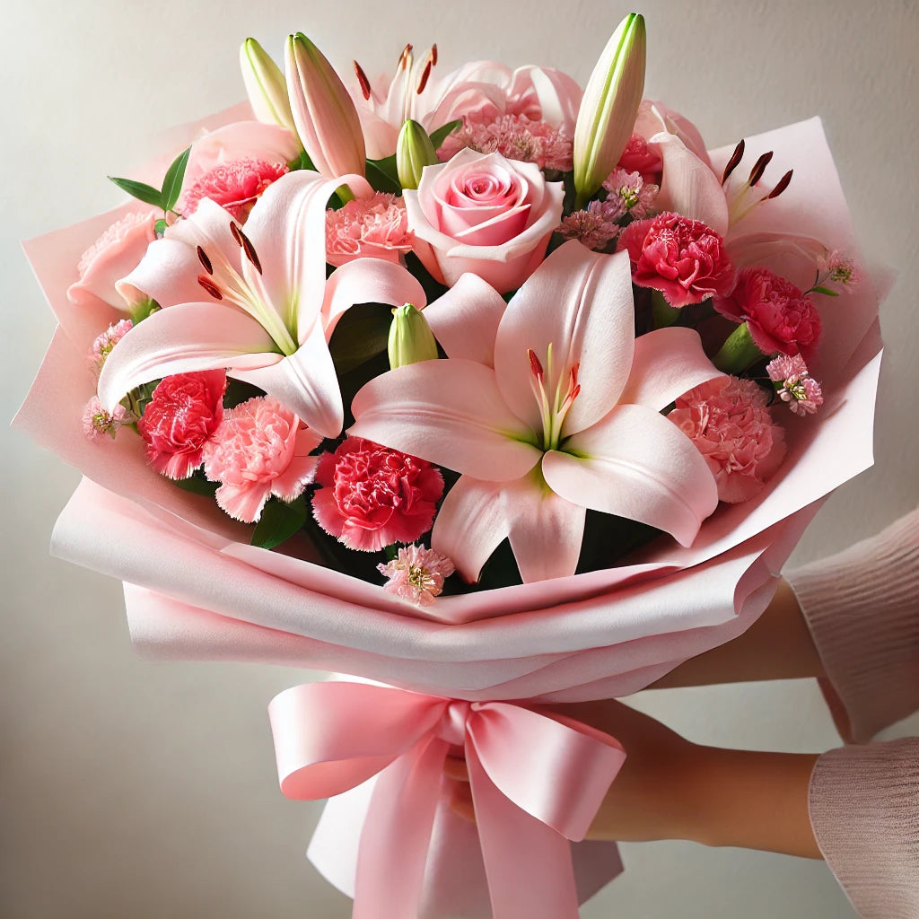 Blush & Bloom - Wrapped Pink Lily and Rose Bouquet