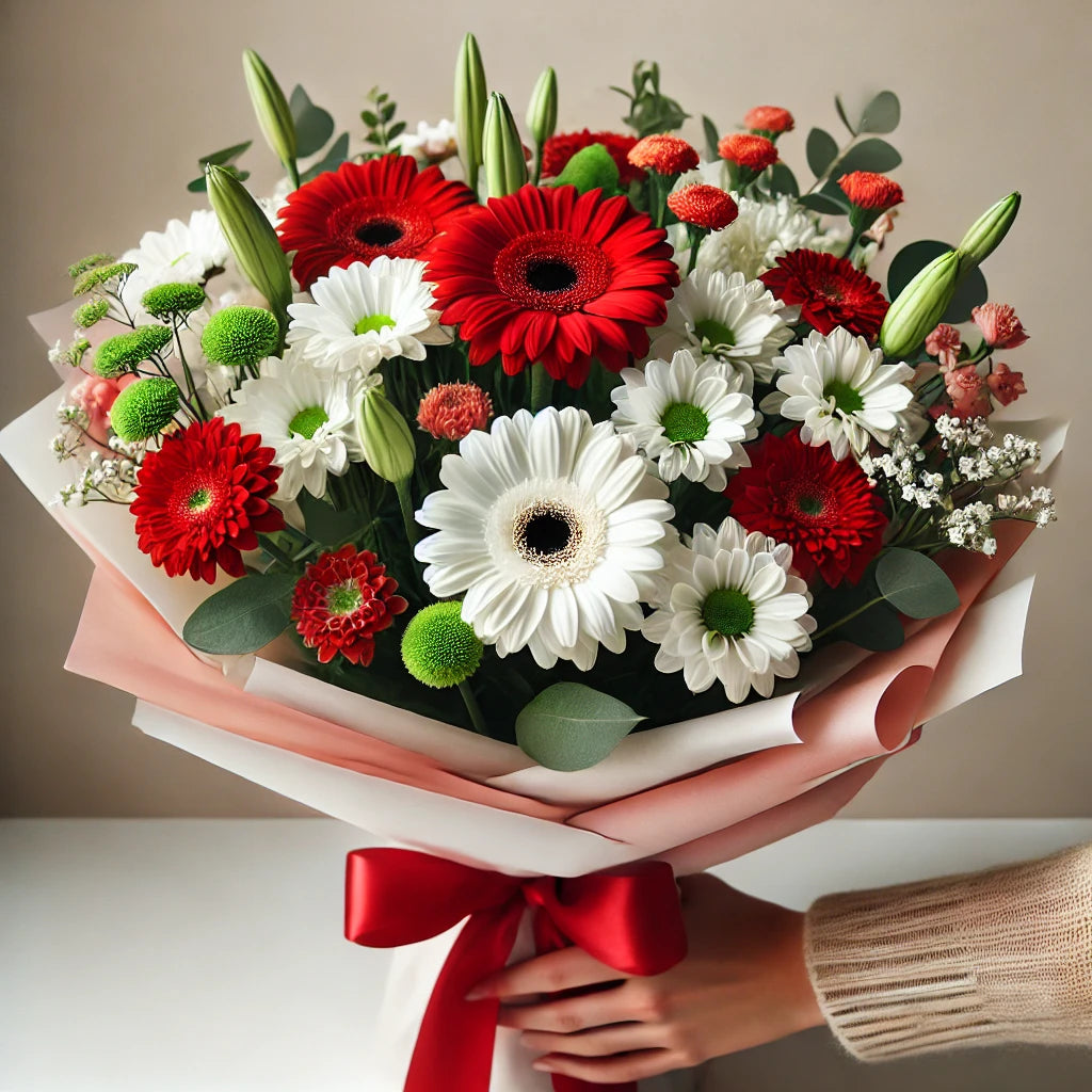 Vibrant Joy - Wrapped Red & White Daisy Bouquet