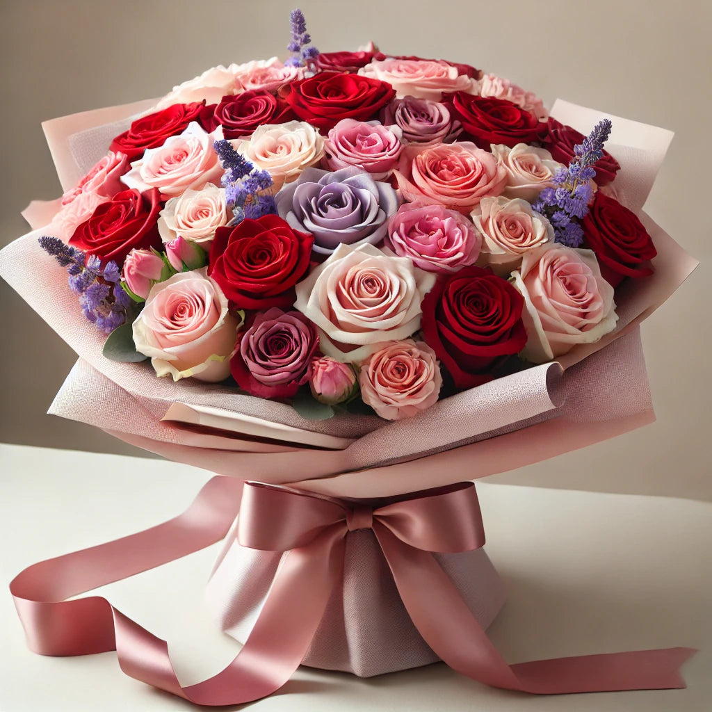 Romantic Bliss - 24 Wrapped Mixed Rose Bouquet