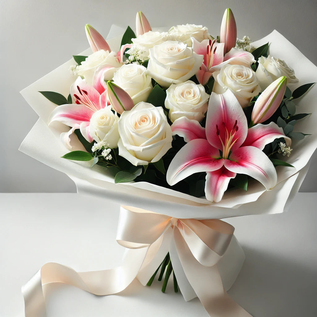Elegant Harmony - Wrapped Lily & Rose Bouquet
