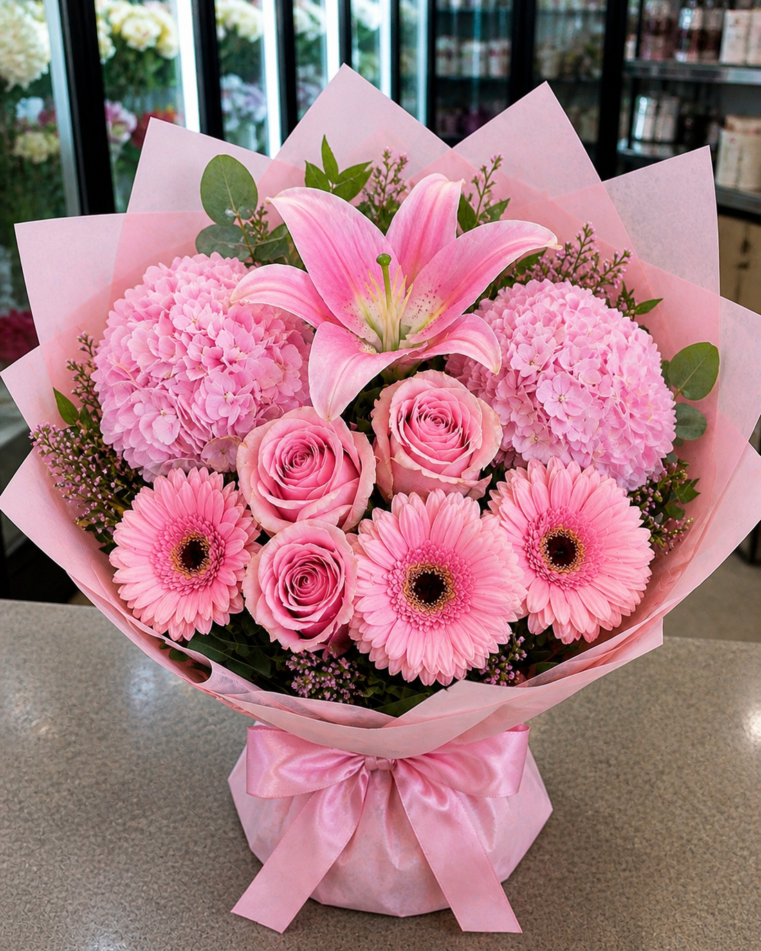 Elegant Pink Lily &amp; Hydrangea Bouquet