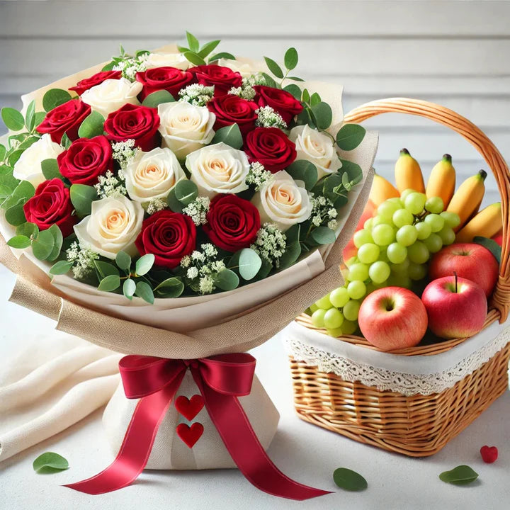 Classic Roses &amp; Fresh Fruit Basket Gift Set