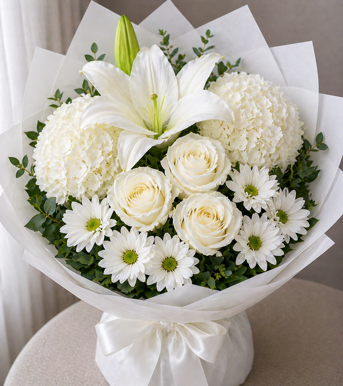 Elegant All-White Lily &amp; Daisy Bouquet