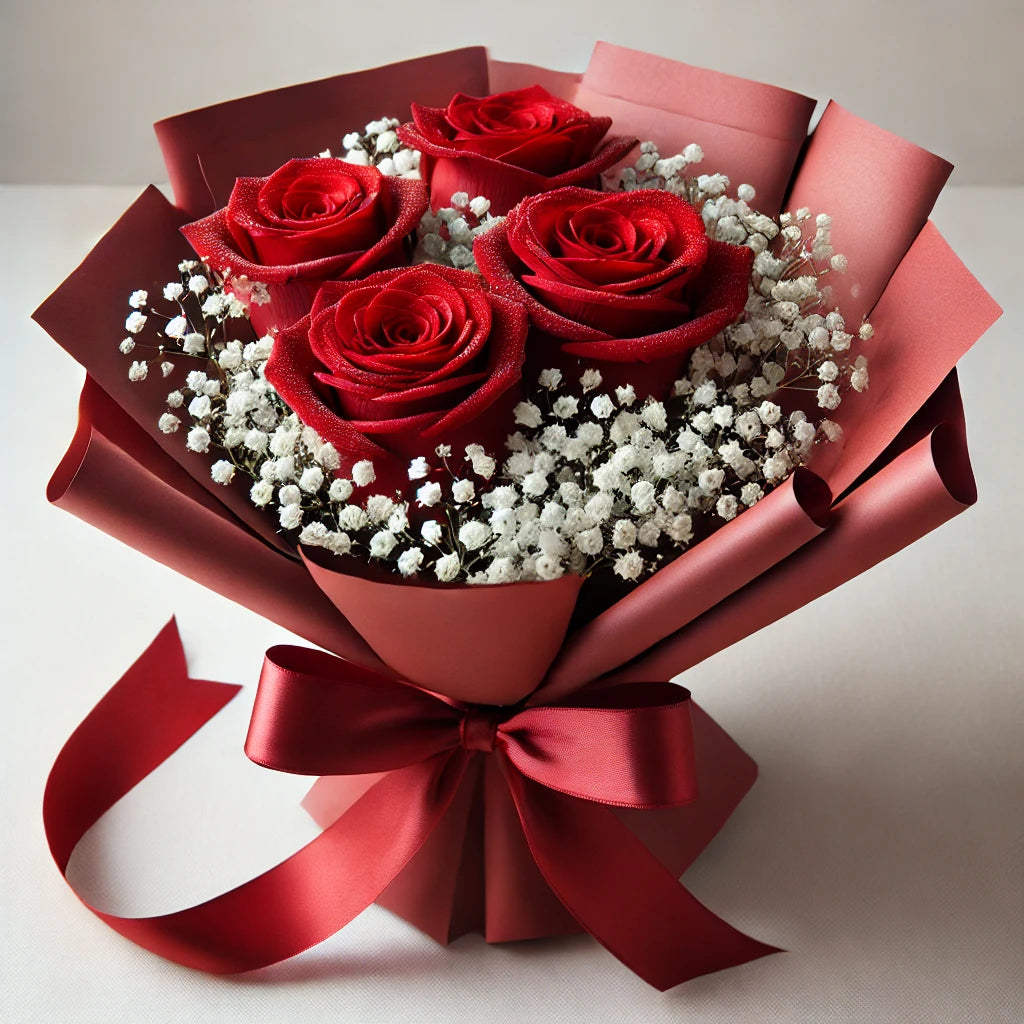 Elegant Red Roses &amp; Baby’s Breath Bouquet