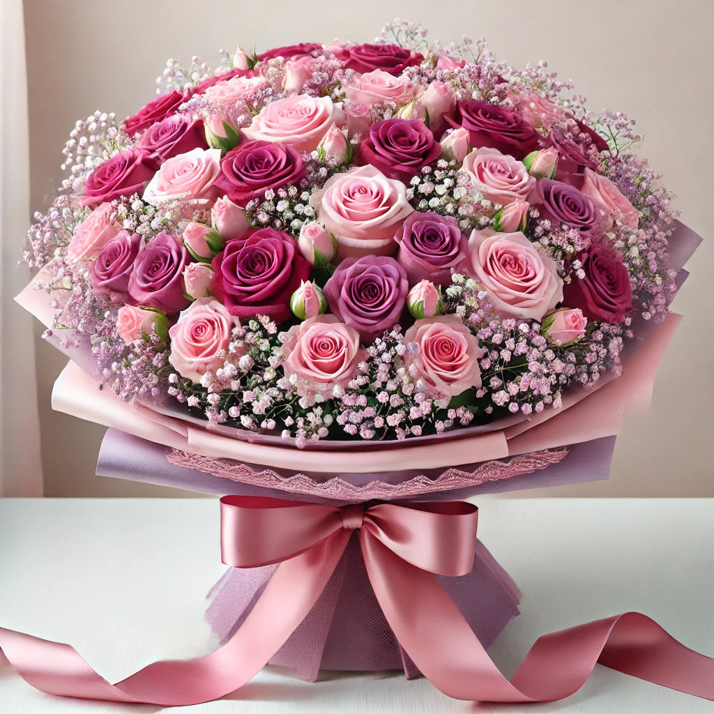 Exquisite 30 Pink &amp; Deep Purple Roses Bouquet