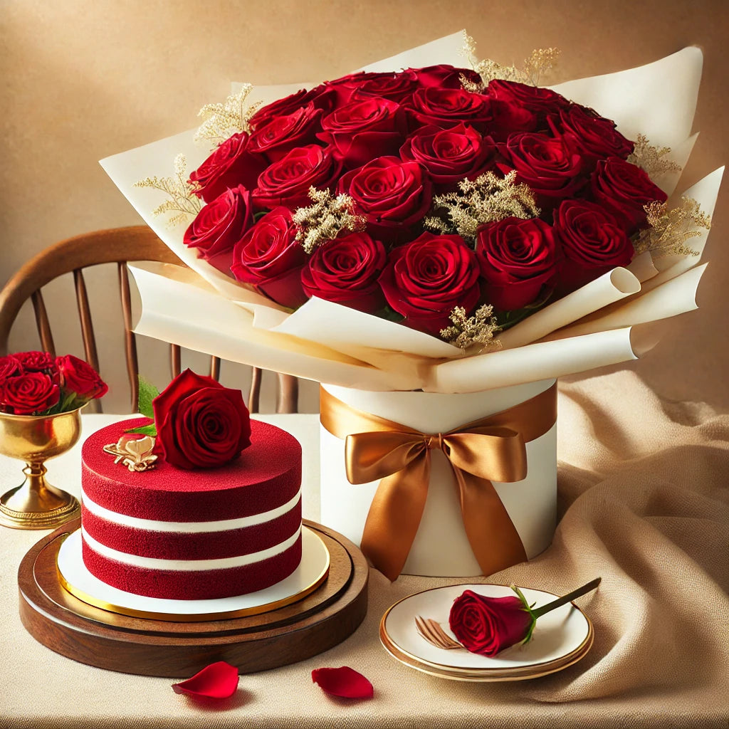 Timeless Love - 24 Red Roses &amp; Velvet Cake Set