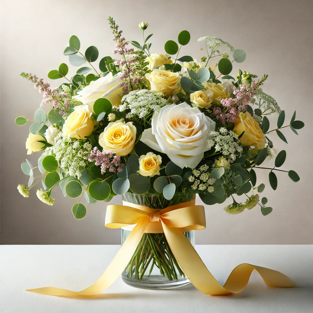 Sunshine Delight - Yellow &amp; White Roses in Vase