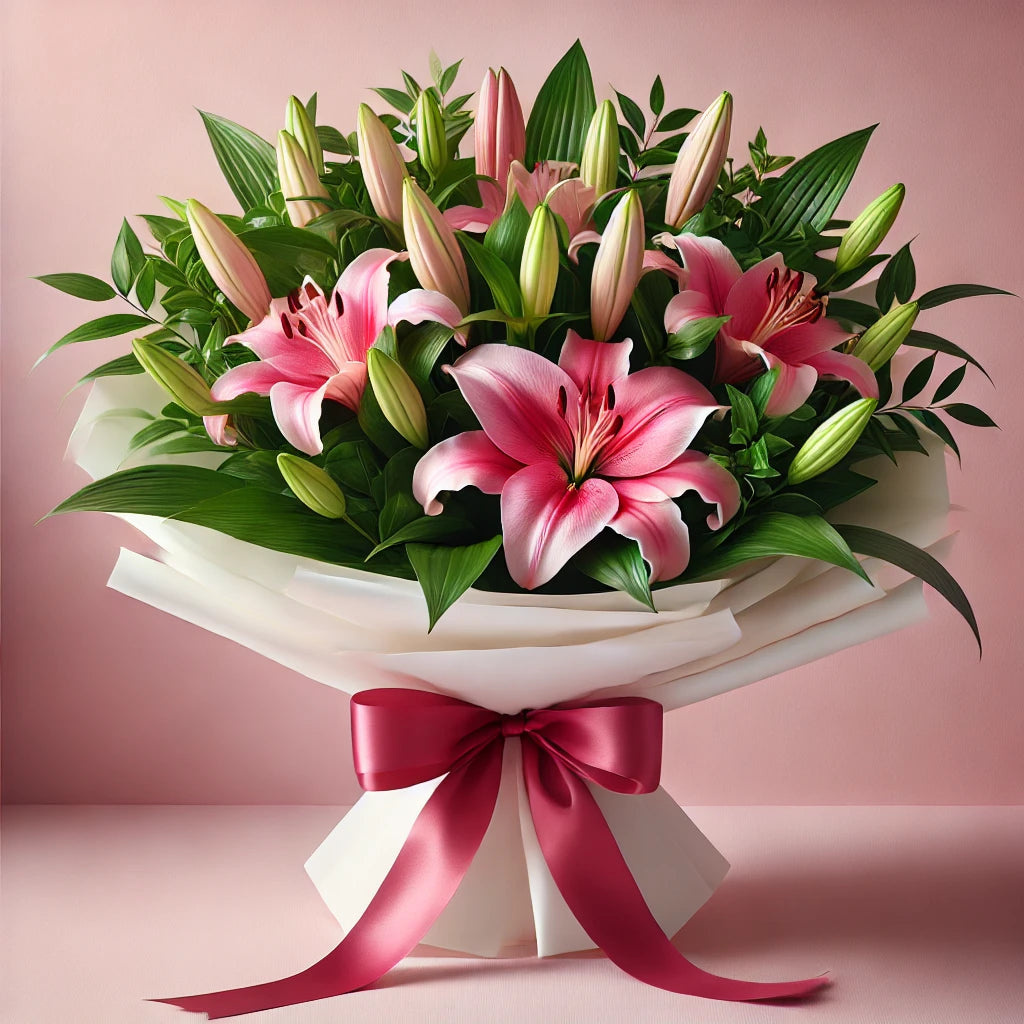 Pink Majesty - 10 Wrapped Oriental Lily Bouquet