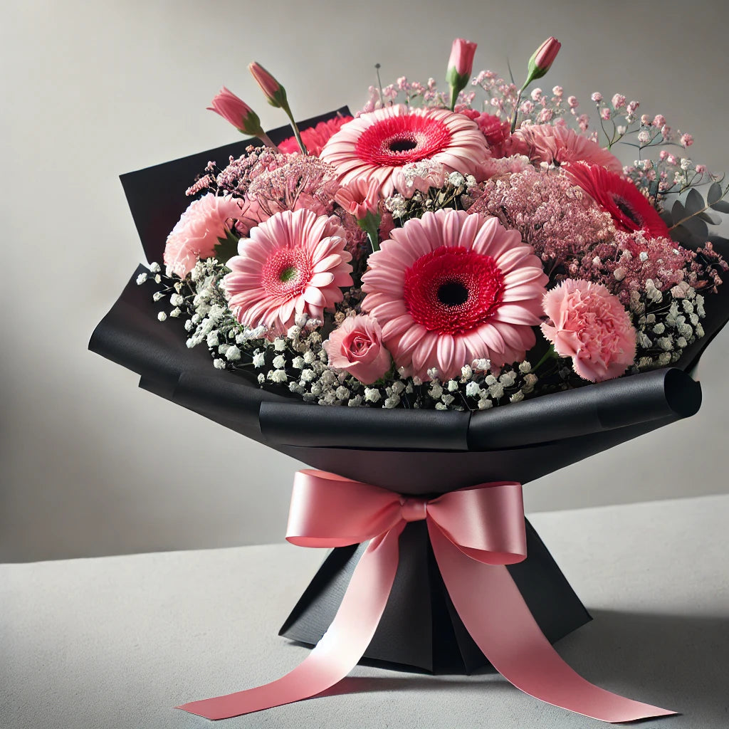 Midnight Bloom - Wrapped Pink Gerbera &amp;Carnation Bouquet
