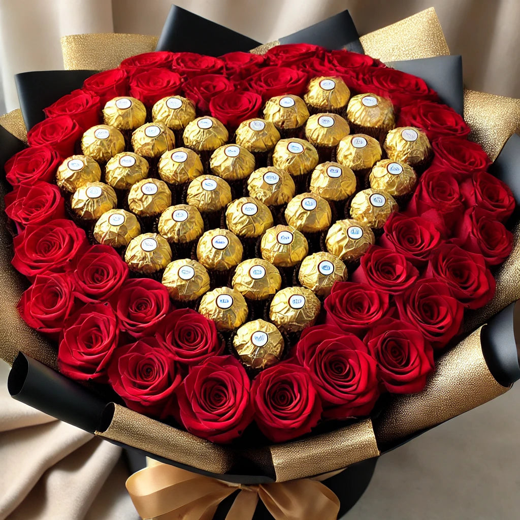 Golden Heart Rose &amp; Chocolate Bouquet