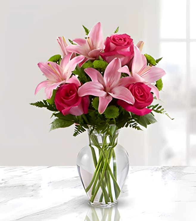 Elegant Pink Lily &amp; Rose Vase Arrangement